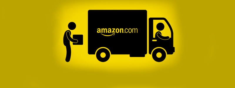 Ilustração homem colocando pacote no caminhão da amazon.com
